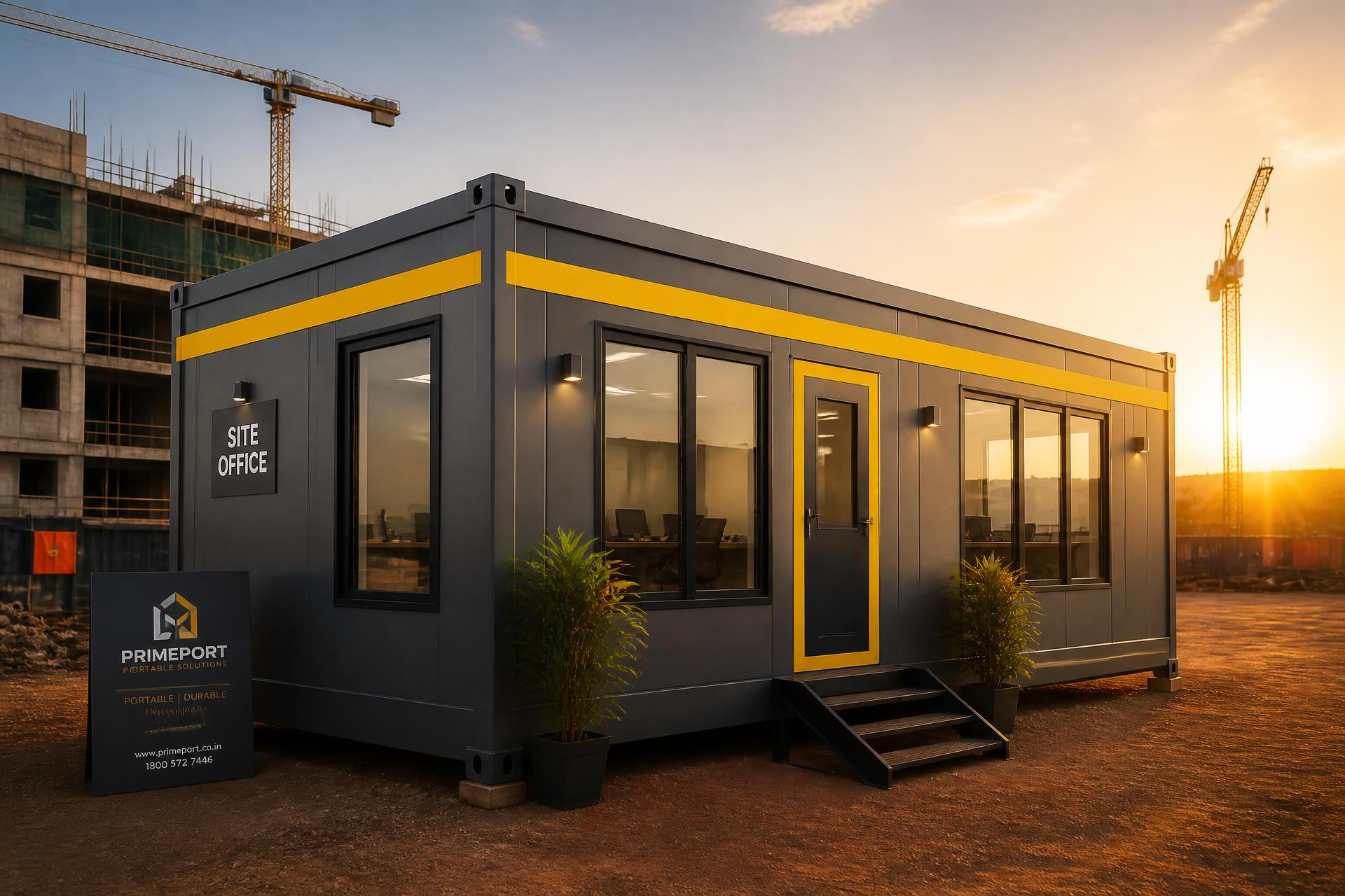 MECO portable site office cabin at golden hour